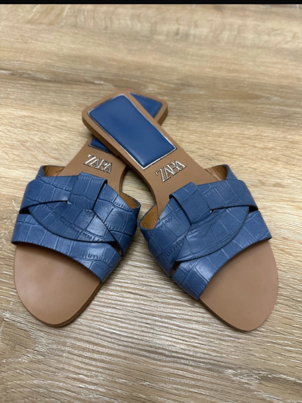 Zara Blue Braided-Detail Slide Sandals with Tan Footbed